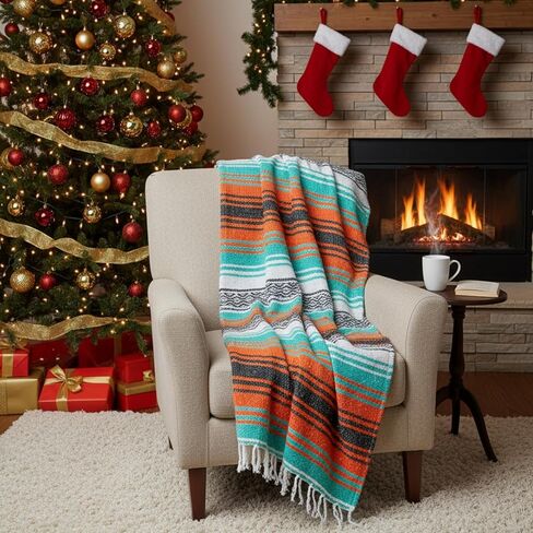 Benevolence LA Authentic Mexican Blanket – Handwoven Falsa Serape Throw – Beach, Camping, Picnic & Yoga Blanket – Lightweight Cotton Throw for Outdoor & Home – Mandarin, 50x70 in in Kuwait