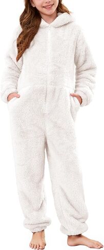 Flygo Girls Fleece Jumpsuits Fuzzy Hooded Rompers Kids Zip up Onesie Romper Costume Warm Winter Clothes 5-14 Years in Saudi Arabia