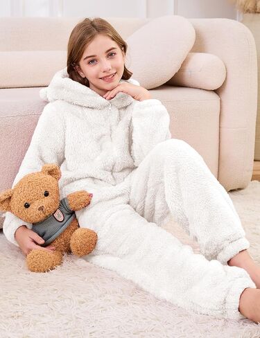 Flygo Girls Fleece Jumpsuits Fuzzy Hooded Rompers Kids Zip up Onesie Romper Costume Warm Winter Clothes 5-14 Years in Saudi Arabia