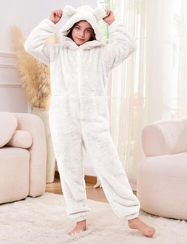 Flygo Girls Fleece Jumpsuits Fuzzy Hooded Rompers Kids Zip up Onesie Romper Costume Warm Winter Clothes 5-14 Years in Saudi Arabia