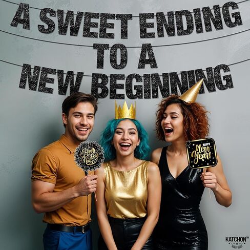 KatchOn, Glitter A Sweet Ending to a New Beginning Banner - Large 10 Feet, Pre - Strung | Black New Year Banner for New Years Decorations 2026 | New Years Eve Party Supplies 2026 | NYE Decorations 2026 in Saudi Arabia