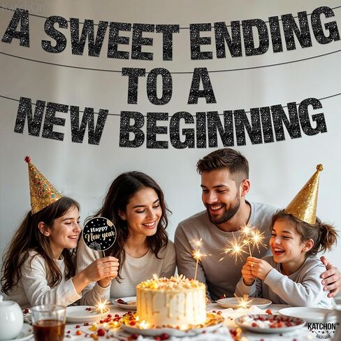KatchOn, Glitter A Sweet Ending to a New Beginning Banner - Large 10 Feet, Pre - Strung | Black New Year Banner for New Years Decorations 2026 | New Years Eve Party Supplies 2026 | NYE Decorations 2026 in Saudi Arabia
