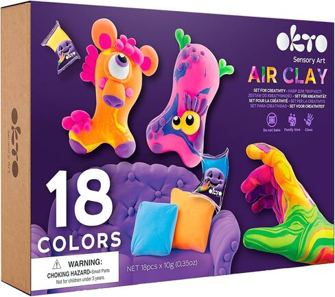 طين Okto Air Dry للأطفال - مجموعة طين رغوي مكونة من 24 لونًا - غير لزج، يجف خلال 24 ساعة تقريبًا - أدوات النحت والنظارات الممتعة وحقائب التخزين ودليل الصور - مجموعة الحرف الحسية in Kuwait