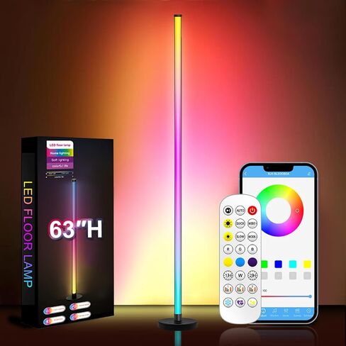مصباح أرضي LED، ضوء زاوية RGB 63 بوصة مع مزامنة الموسيقى، تحكم ذكي في التطبيقات، 16 مليون لون، جهاز تحكم عن بعد لغرفة المعيشة وغرفة النوم وغرفة الألعاب (عبوة واحدة) in Kuwait