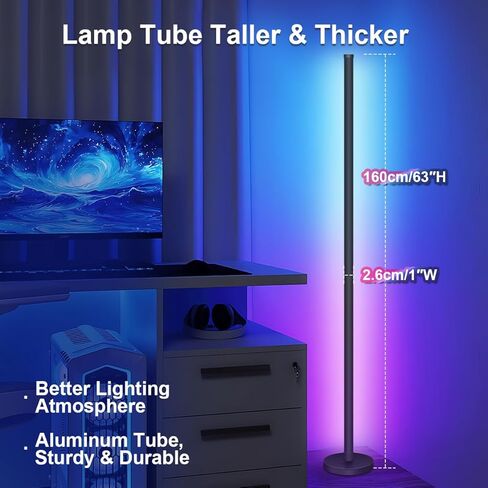 مصباح أرضي LED، ضوء زاوية RGB 63 بوصة مع مزامنة الموسيقى، تحكم ذكي في التطبيقات، 16 مليون لون، جهاز تحكم عن بعد لغرفة المعيشة وغرفة النوم وغرفة الألعاب (عبوة واحدة) in Kuwait