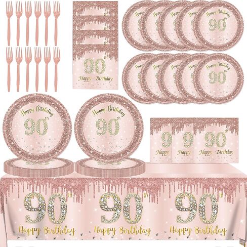 90th Birthday Decorations for Women,61Pcs Rose Gold 90th Birthday Decorations Tableware Include Happy 90th Birthday Plates and Napkins,Tablecloth,Forks,90th Birthday Party Supplies Serve 20 in Saudi Arabia