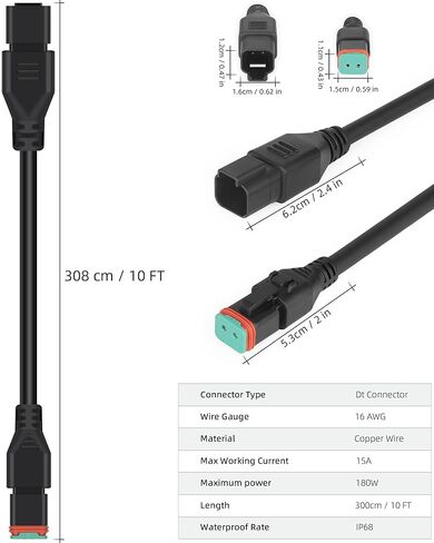 16AWG DT 2pin ذكر أنثى الأسلاك تسخير عدة تمديد، 10ft للماء تمديد التوصيل والتشغيل 2 دبوس مقبس موصل سلك الحبل للسيارات الطرق الوعرة أدى ضوء بار القيادة الضباب قارب الشاحنات أضواء العمل in Saudi Arabia