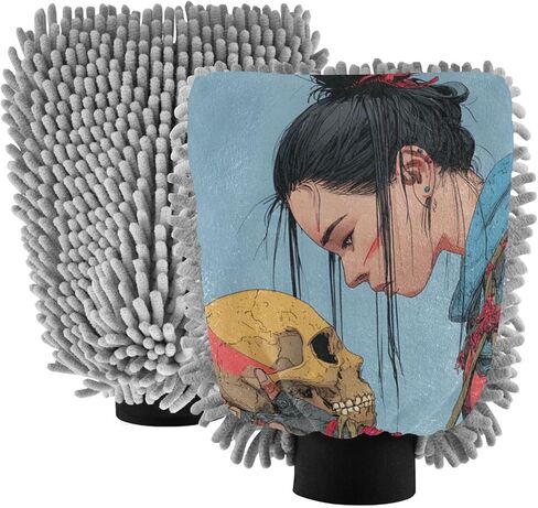 AIXIWAWA Skull and Samurai Print Car Wash Mitt Washing Glove Scratch Free Water Absorbent 2 Pack Large in Saudi Arabia