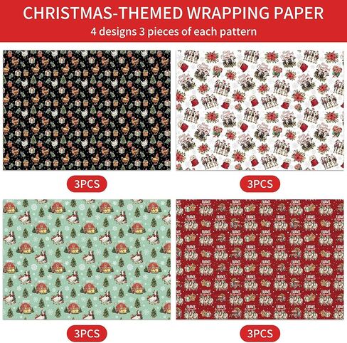 EoBeCy Christmas Bow Wrapping Paper, 12 Sheets Vintage Xmas Gift Wrap Paper, Red Green Ribbon Designs for Holiday Birthday Party Bridal Baby Shower, DIY Craft Gifts Decor Flat Folded 20 x 28 Inch in Saudi Arabia