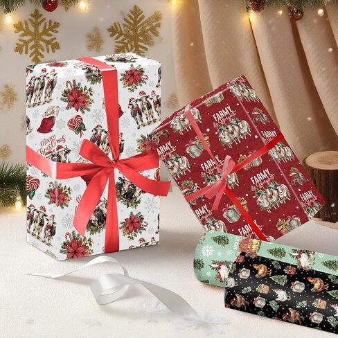 EoBeCy Christmas Bow Wrapping Paper, 12 Sheets Vintage Xmas Gift Wrap Paper, Red Green Ribbon Designs for Holiday Birthday Party Bridal Baby Shower, DIY Craft Gifts Decor Flat Folded 20 x 28 Inch in Saudi Arabia