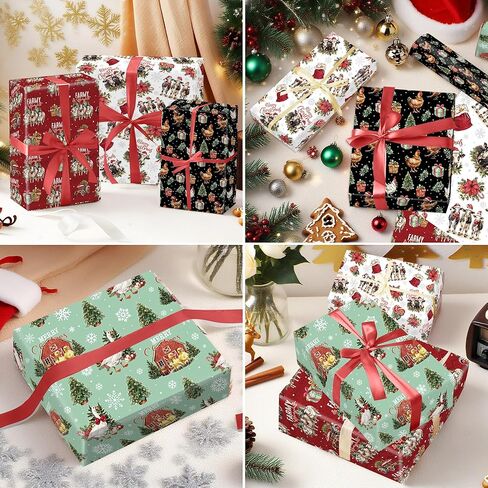 EoBeCy Christmas Bow Wrapping Paper, 12 Sheets Vintage Xmas Gift Wrap Paper, Red Green Ribbon Designs for Holiday Birthday Party Bridal Baby Shower, DIY Craft Gifts Decor Flat Folded 20 x 28 Inch in Saudi Arabia
