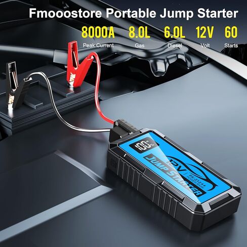 8000A Car Jump Starter، حزمة بطارية 12V Jump Starter (جميع الغازات، ما يصل إلى 10.0L محرك ديزل) كابلات القفز صندوق القفز الليثيوم المحمول، مخرج USB وإضاءة LED (أحمر) in Kuwait