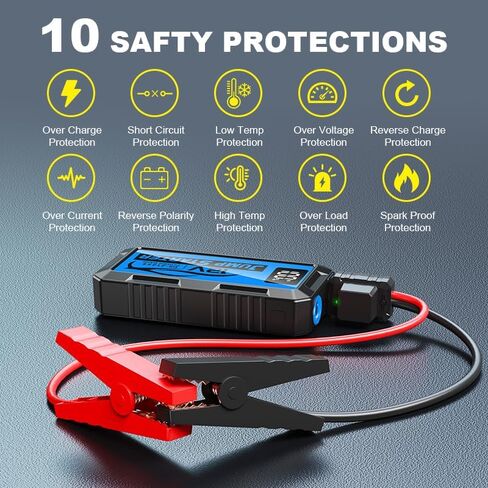8000A Car Jump Starter، حزمة بطارية 12V Jump Starter (جميع الغازات، ما يصل إلى 10.0L محرك ديزل) كابلات القفز صندوق القفز الليثيوم المحمول، مخرج USB وإضاءة LED (أحمر) in Kuwait