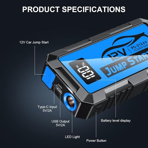 8000A Car Jump Starter، حزمة بطارية 12V Jump Starter (جميع الغازات، ما يصل إلى 10.0L محرك ديزل) كابلات القفز صندوق القفز الليثيوم المحمول، مخرج USB وإضاءة LED (أحمر) in Kuwait