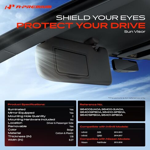 A-Premium Driver & Passenger Sun Visor Compatible with Infiniti JX35 2013, QX60 2014-2017 & Nissan Pathfinder 2013-2018 - with Vanity Mirror, with Vanity Light, Beige Color - Replaces 96400-3JA0A in Saudi Arabia