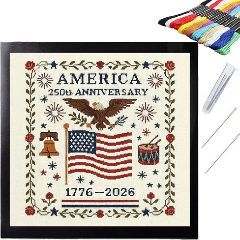 RCMMQHHY 250th Anniversary Cross Embroidery Pattern in The United States, Personalized Counting Embroidery Kit, Cross Embroidery Includes Pattern/Fabric, Instructions, Needles, and Photo Frame. in Saudi Arabia