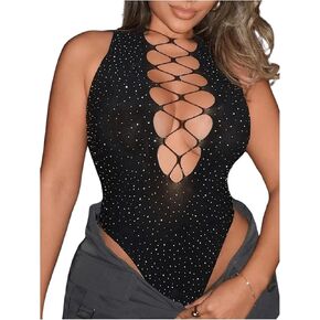 SHENHE Women's Cut Out Criss Cross Deep V Sleeveless Sexy Plunge Neck Bodysuit Clubwear in Kuwait
