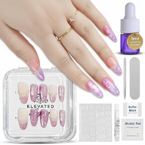 Medium-Rose Quartz Elegance Fake Nails Press-On Manicure Kit for Women | French Tip 10 Nails | Nail Glue, Dual Nail File, Cuticle Stick, Buffer Block | Measure Before Ordering in Saudi Arabia