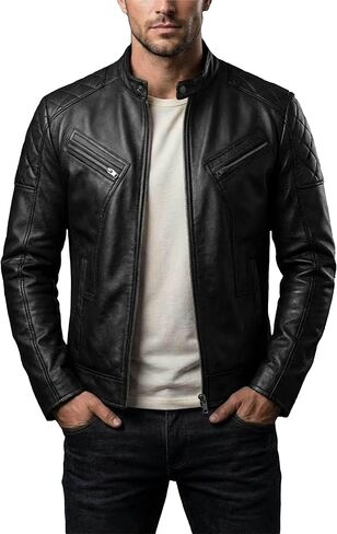 Men's Cafe Racer Leather Motorcycle Jacket - Real Lambskin Vintage Style Genuine Leather Biker Jacket Men in Saudi Arabia