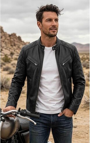 Men's Cafe Racer Leather Motorcycle Jacket - Real Lambskin Vintage Style Genuine Leather Biker Jacket Men in Saudi Arabia