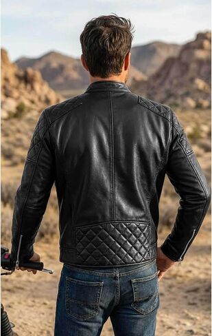 Men's Cafe Racer Leather Motorcycle Jacket - Real Lambskin Vintage Style Genuine Leather Biker Jacket Men in Saudi Arabia