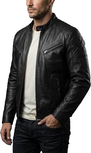 Men's Cafe Racer Leather Motorcycle Jacket - Real Lambskin Vintage Style Genuine Leather Biker Jacket Men in Saudi Arabia