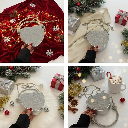 Evening Bag for Women, Silver Clutch Purse Heart Shaped Purse Crossbody Bag Shoulder Handbag Rhinestone Purse in Saudi Arabia