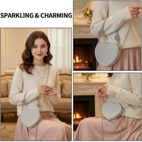 Evening Bag for Women, Silver Clutch Purse Heart Shaped Purse Crossbody Bag Shoulder Handbag Rhinestone Purse in Saudi Arabia