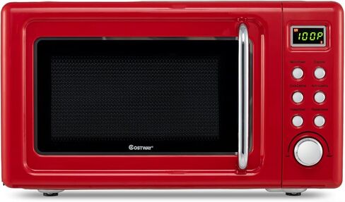 COSTWAY Retro Countertop Microwave Oven, 0.7Cu.ft, 700-Watt, High Energy Efficiency, 5 Micro Power, Delayed Start Function, with Glass Turntable & Viewing Window, LED Display, Child Lock (Gold) in Kuwait
