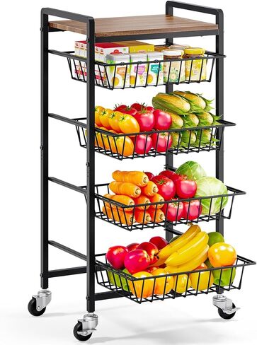 TOOLF 5-Tier Kitchen Storage Cart with Tabletop, Rolling Snack Cart with Lockable Wheels, Fruit Vegetable Basket with 4 Pack Mats, Metal Storage Rack with Pull-Out Pantry Trolley for Organizer in Saudi Arabia