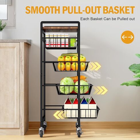 TOOLF 5-Tier Kitchen Storage Cart with Tabletop, Rolling Snack Cart with Lockable Wheels, Fruit Vegetable Basket with 4 Pack Mats, Metal Storage Rack with Pull-Out Pantry Trolley for Organizer in Saudi Arabia
