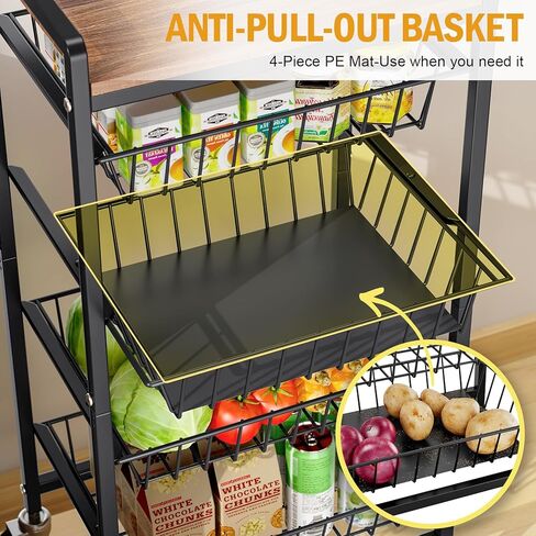 TOOLF 5-Tier Kitchen Storage Cart with Tabletop, Rolling Snack Cart with Lockable Wheels, Fruit Vegetable Basket with 4 Pack Mats, Metal Storage Rack with Pull-Out Pantry Trolley for Organizer in Saudi Arabia