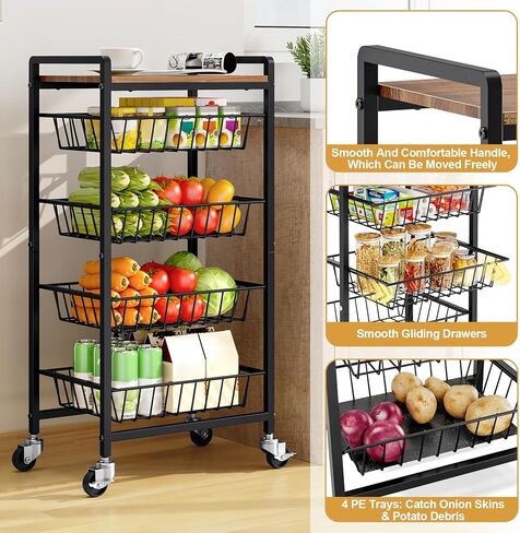 TOOLF 5-Tier Kitchen Storage Cart with Tabletop, Rolling Snack Cart with Lockable Wheels, Fruit Vegetable Basket with 4 Pack Mats, Metal Storage Rack with Pull-Out Pantry Trolley for Organizer in Saudi Arabia