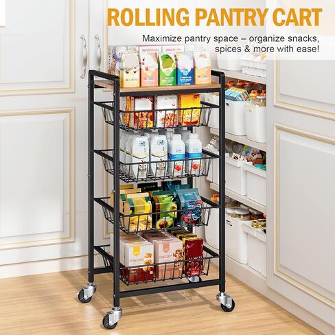 TOOLF 5-Tier Kitchen Storage Cart with Tabletop, Rolling Snack Cart with Lockable Wheels, Fruit Vegetable Basket with 4 Pack Mats, Metal Storage Rack with Pull-Out Pantry Trolley for Organizer in Saudi Arabia
