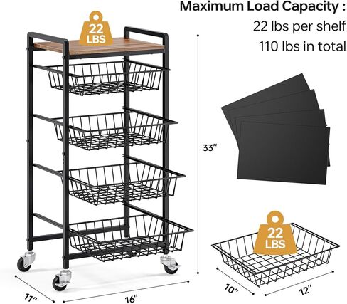 TOOLF 5-Tier Kitchen Storage Cart with Tabletop, Rolling Snack Cart with Lockable Wheels, Fruit Vegetable Basket with 4 Pack Mats, Metal Storage Rack with Pull-Out Pantry Trolley for Organizer in Saudi Arabia