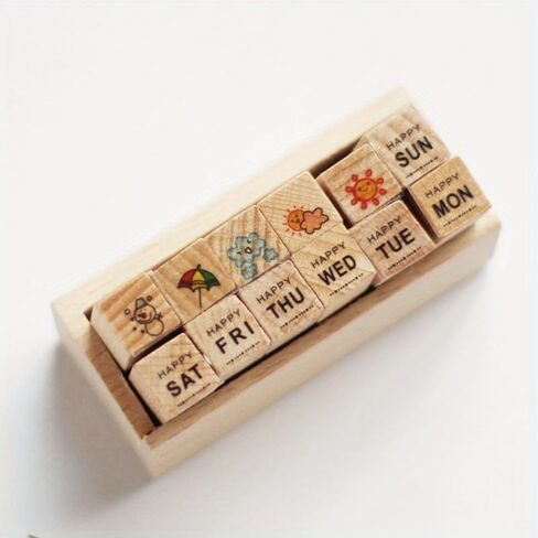 12 Pc/Set Retro Cartoon Wooden Rubber Stamps Small Cute Life Travel Week Heart Rubber Seal Scrapbooking Planner Decorative Stamp in Saudi Arabia