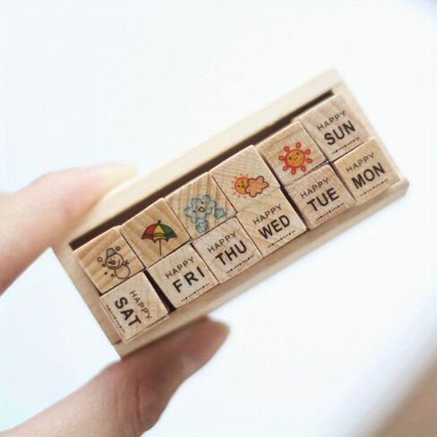 12 Pc/Set Retro Cartoon Wooden Rubber Stamps Small Cute Life Travel Week Heart Rubber Seal Scrapbooking Planner Decorative Stamp in Saudi Arabia