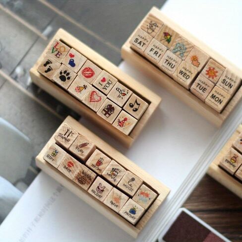 12 Pc/Set Retro Cartoon Wooden Rubber Stamps Small Cute Life Travel Week Heart Rubber Seal Scrapbooking Planner Decorative Stamp in Saudi Arabia