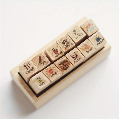 12 Pc/Set Retro Cartoon Wooden Rubber Stamps Small Cute Life Travel Week Heart Rubber Seal Scrapbooking Planner Decorative Stamp in Saudi Arabia