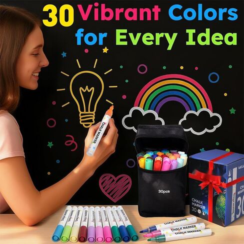 Liquid Chalk Markers for Blackboards, 30 Washable Neon Colors, Dust-Free Wet Erasable Pens with Reversible Tip, Chalk Markers for Chalkboard Signs, Teachers, Windows, Glass, Calendar, Menu in Kuwait