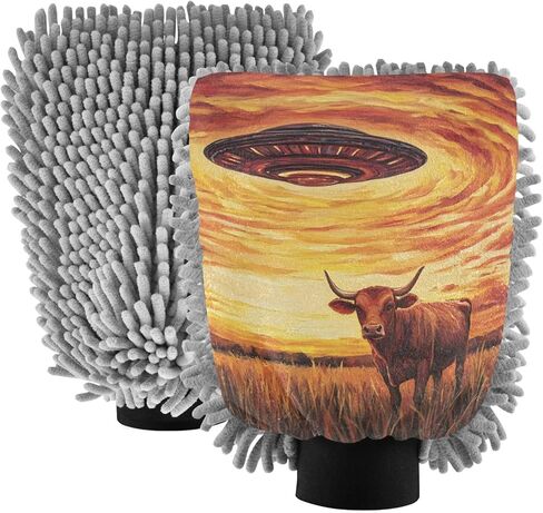 AIXIWAWA Car Wash Mitt Washing Glove UFO and Cow Print Scratch Free Water Absorbent 2 Pack Medium in Saudi Arabia
