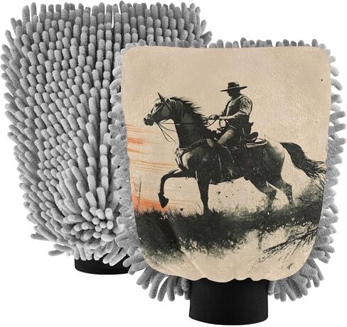 AIXIWAWA Car Wash Mitt Washing Glove Cowboy Sunset Print Scratch Free Water Absorbent 2 Pack Large in Saudi Arabia