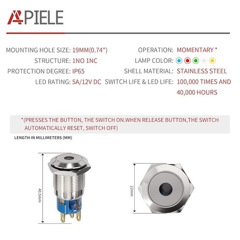 APIELE Push Button Switch 19mm Spot Light Momentary Stainless Steel Push Button 12V-24VDC with Wire 1NO1NC(19mm, Yellow) in Saudi Arabia