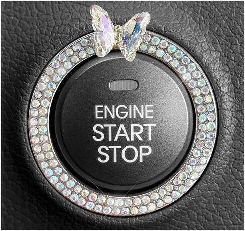 Butterfly Bling Ring Emblem Car Accessories, Crystal Double Rhinestone Engine Start Stop Decoration, Sparkling Push to Start Button Cover Key Ignition & Knob Ring Decal for Women (White) in Saudi Arabia