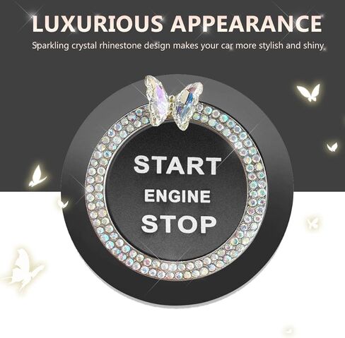 Butterfly Bling Ring Emblem Car Accessories, Crystal Double Rhinestone Engine Start Stop Decoration, Sparkling Push to Start Button Cover Key Ignition & Knob Ring Decal for Women (White) in Saudi Arabia