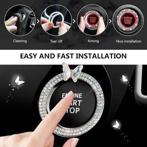Butterfly Bling Ring Emblem Car Accessories, Crystal Double Rhinestone Engine Start Stop Decoration, Sparkling Push to Start Button Cover Key Ignition & Knob Ring Decal for Women (White) in Saudi Arabia