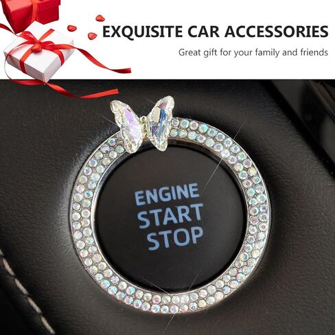Butterfly Bling Ring Emblem Car Accessories, Crystal Double Rhinestone Engine Start Stop Decoration, Sparkling Push to Start Button Cover Key Ignition & Knob Ring Decal for Women (White) in Saudi Arabia