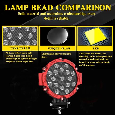 مصابيح LED مستديرة للطرق الوعرة، 7 بوصة 51 وات شاحنات جرار LED أضواء عمل 12 فولت 24 فولت مقاومة للماء على الطرق الوعرة أضواء الضباب للقيادة على الجليد لعربة الجولف ATV UTV RV المحراث، قطعتان باللون الأحمر in Kuwait