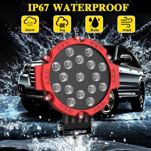 مصابيح LED مستديرة للطرق الوعرة، 7 بوصة 51 وات شاحنات جرار LED أضواء عمل 12 فولت 24 فولت مقاومة للماء على الطرق الوعرة أضواء الضباب للقيادة على الجليد لعربة الجولف ATV UTV RV المحراث، قطعتان باللون الأحمر in Kuwait