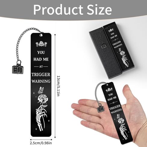 Dark Romance Bookmark Gift for Women, Gothic Book Merch Metal Black Bookmark with Rose Skeleton Hand Charm, Reading List Accessory for Book Lovers, Gift with Box in Saudi Arabia
